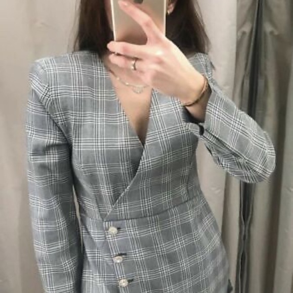 NWT ZARA Blogger Favorite Gray Black Plaid Blazer Mini Dress XS Preppy - Picture 9 of 13